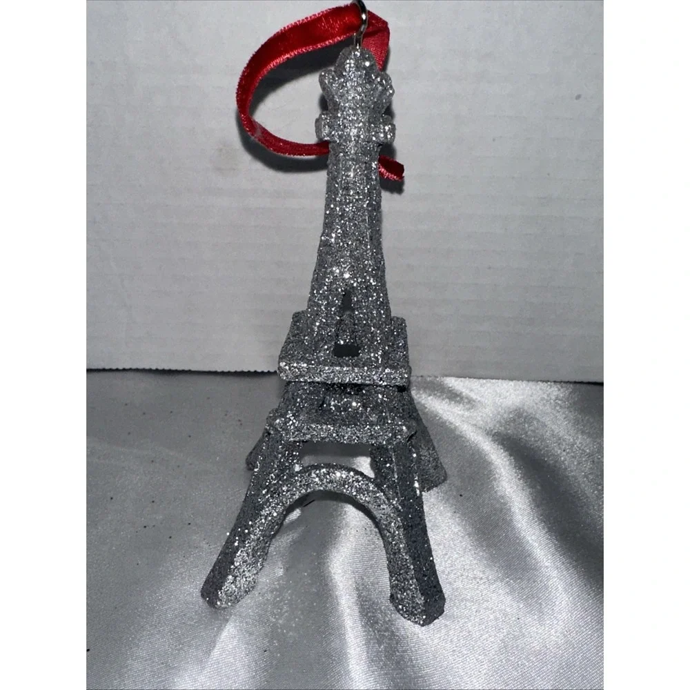 Silver Glitter Eiffel Tower Christmas Ornament Paris France Red Velvet Ribbon